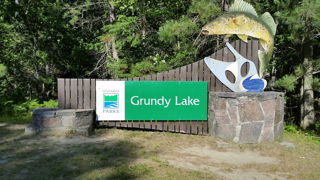 picture of the sign at the entrance to Grundy Lake Provincial Park campground for camping near Parry Sound, Ontario, Canada