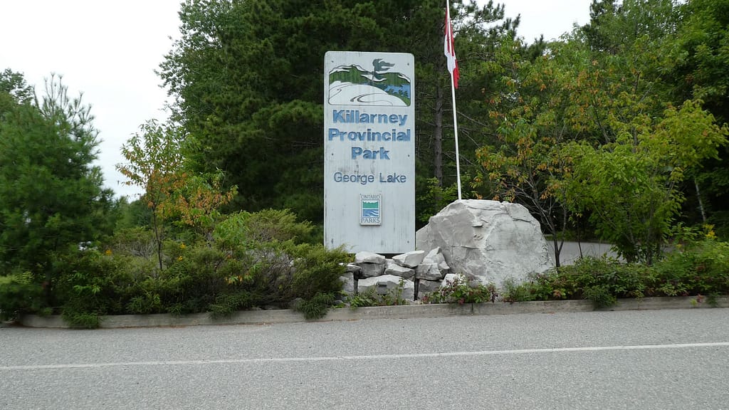 the sign at the entrance to Killarney Provincial Park at George Lake