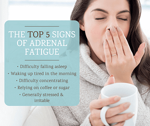tired, stressed, exhausted woman yawning with a list of the top 5 signs of adrenal fatigue including difficulty falling asleep, waking up tired, difficulty concentrating, relying on coffee or sugar and generally feeling stressed and irritable