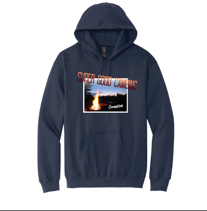 picture of a sweatshirt with super good camping and a campfire picture