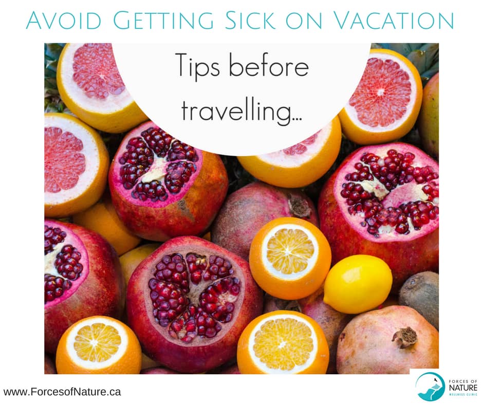 tips on how to avoid getting sick while travelling, showing healthy fruit
